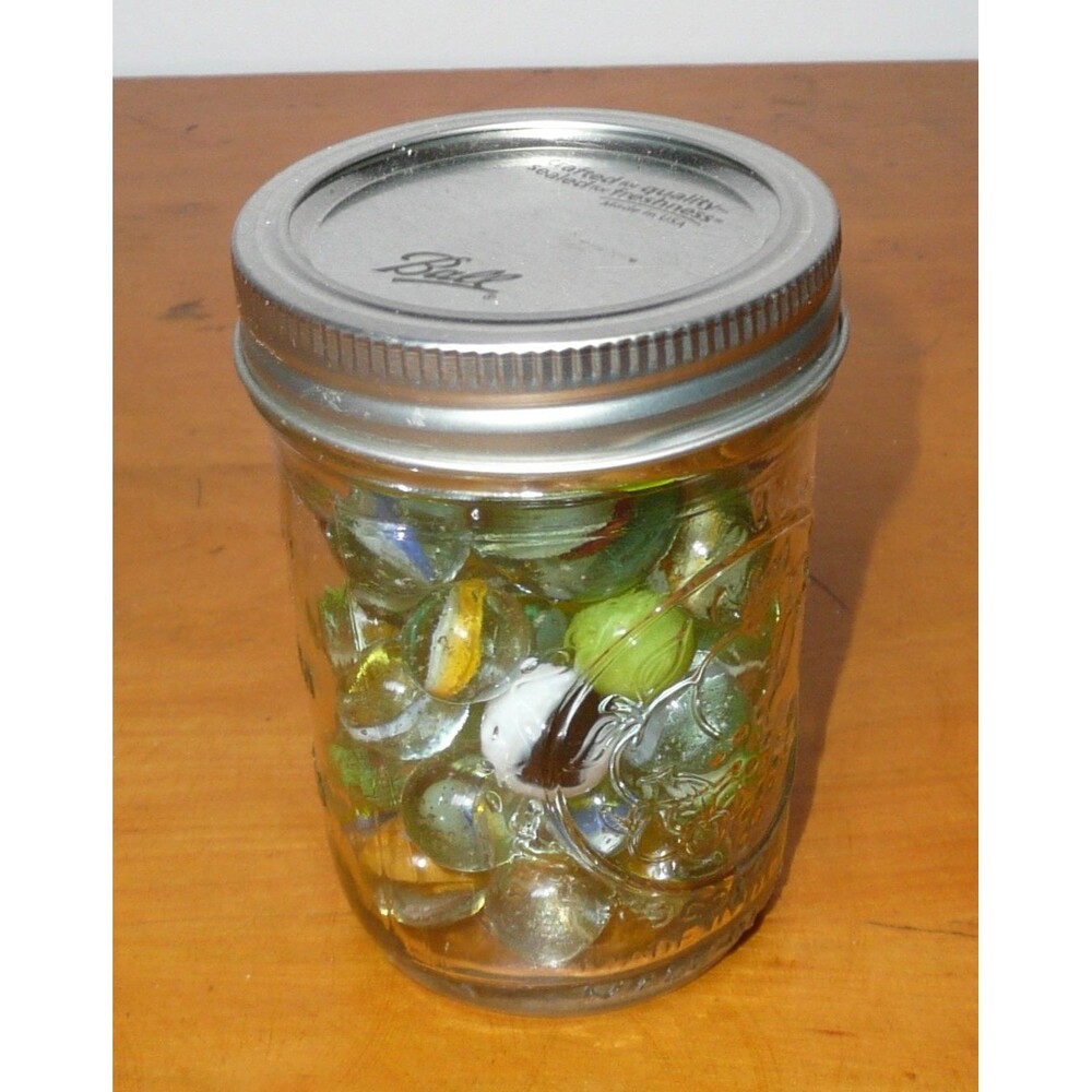 VTG Ball Jelly Size Jar filled w Glass Marbles + Shooter
